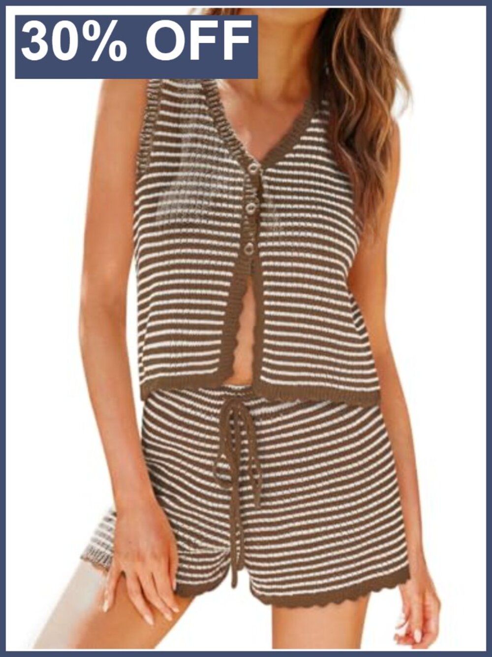 Womens 2 Piece Striped Knit Shorts Set Sleeveless Button Vest Top
